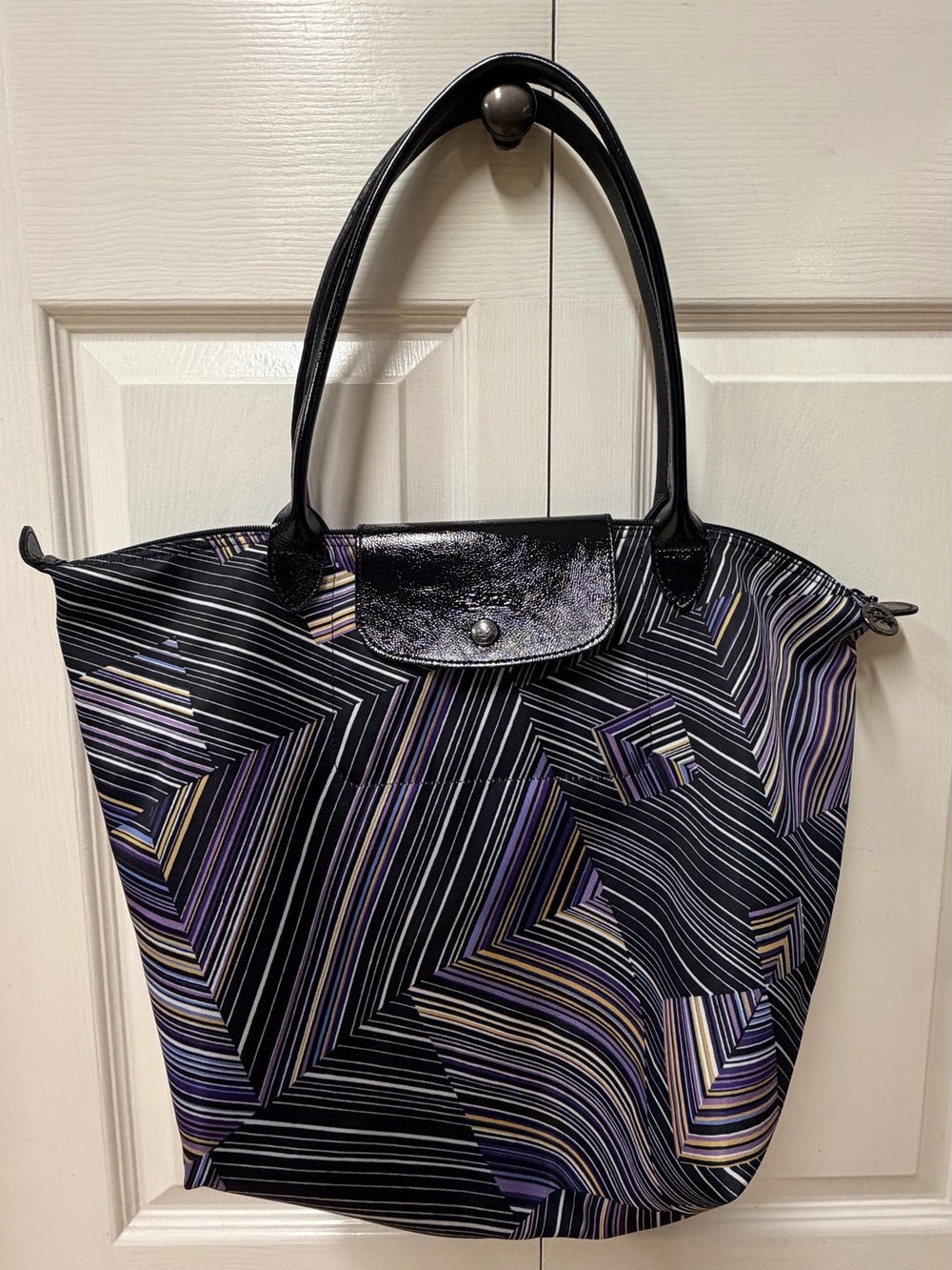 Longchamp Black and Purple Geometric Stripe Tote Bag
